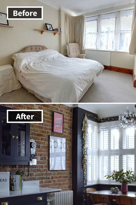 Before And After: An English Rental Brings The Drama Den Makeover, Diy Household Tips, Iphone App, Counter Stools Backless, Kitchen Counter Stools, Diy Kitchen Remodel, Powder Room Design, Kitchen Trends, Industrial House