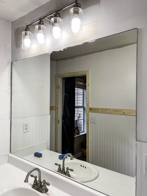 How to Update a Builder Grade Bathroom Mirror DIY | Hometalk Bathroom Mirror With Light, Bathroom Renovation Ideas, Mirror Upgrade, Bathroom Mirrors Diy, Large Bathroom Mirrors, Fluorescent Light Fixture, The Fairest Of Them All, Mirror Makeover, Mirror Frame Diy