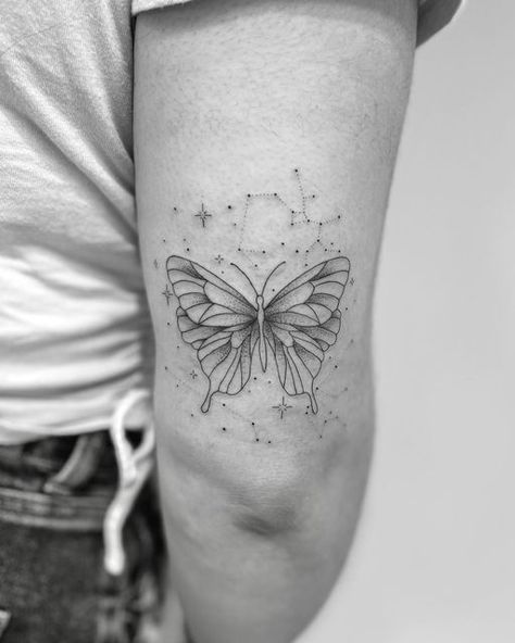 Constilation Tattoo Sleeve, Pices Constellation Tattoo Stars, Types Of Butterflies Tattoo, Dainty Constellation Tattoo, Space Butterfly Tattoo, Celestial Butterfly Tattoo, Butterfly Constellation Tattoo, Cosmic Butterfly Tattoo, Butterfly Twinkle Tattoo