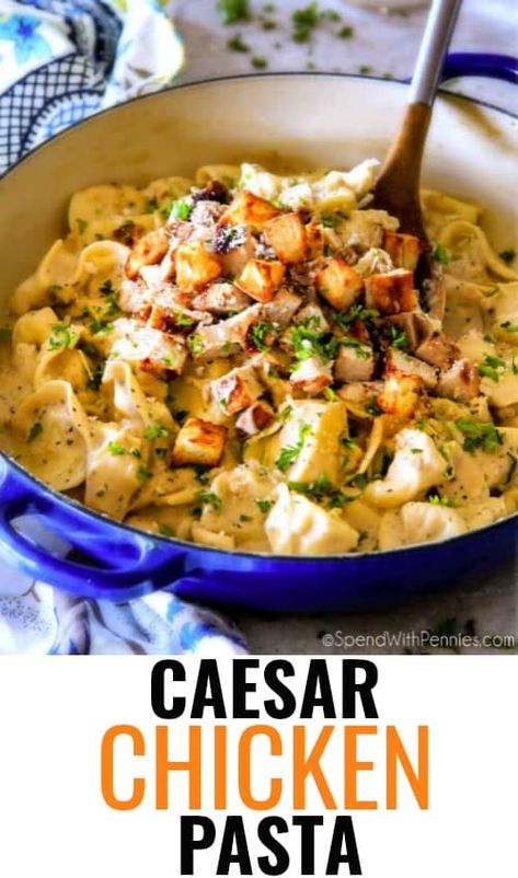 Chicken Caesar Salad Pasta!  Add small tub of chopped organic Spinach.  Yum! Chicken Ceasar Pasta Casserole, Chicken Caesar Pasta Bake, Caesar Chicken Pasta, Chicken Cesear Salad Pasta Dinner, Creamy Caesar Chicken, Chicken Angel Hair Pasta, Chicken Pasta Sauce, Pepperoni Pizza Puffs, Chicken Breast Pasta