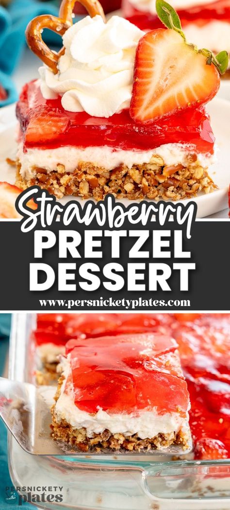 You'll love the contrasting textures of this strawberry pretzel dessert! A sweet, crunchy crust, a creamy center, and a strawberry jello topping. This easy summer dessert is always a hit no matter the occasion! Pretzel Torte, Strawberry Pretzel Pie Recipe, Strawberry And Pretzel Dessert, Strawberry Pretzel Dessert Easy, Strawberry Pretzel Cake, Strawberry Whip Cream Dessert, Strawberry Torte, Pretzel Pudding Dessert, Strawberry Pretzel Dessert Recipe