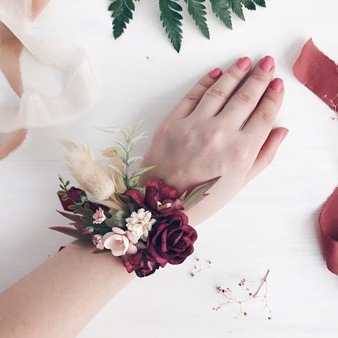 Blush Burgundy Flower wrist corsage, Fall wrist corsage, Bridesmaids wrist corsage, Fall weddings, f Fall Wrist Corsage, Burgundy Wrist Corsage, Wedding Boutineers, Burgundy Corsage, Burgundy Boutonniere, Flower Wrist Corsage, Wedding Burgundy, Wrist Corsages, Wedding Corsage