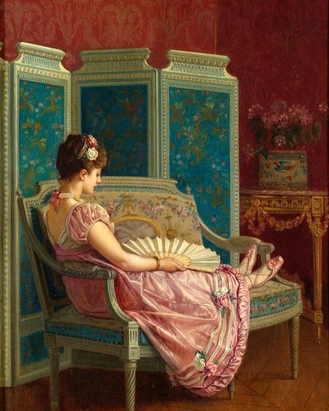 More #lounging - This lady looks as if she's taken a break from the ball to put her feet up, doesn't she? Another late 19thc painting featuring a costume from earlier in the century. "Idle Thoughts" by Auguste Toulmouche, 1872, private collections. #toulmouche #1870s #frenchart #frenchartist #romanticart #retroart #lookingbackwards #victorianregency #fashionhistory #costumehistory #art #ladyonacouch #arthistory #historyofart #artlovers #heartart Auguste Toulmouche, Images Victoriennes, Victorian Paintings, Historical Painting, Victorian Art, Romantic Art, Classical Art, 영감을 주는 캐릭터, Old Art