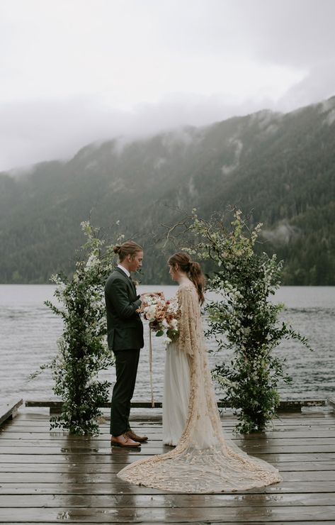 Simple Nature Wedding Theme, Eco Camp, Dock Wedding, Waterfront Wedding Ceremony, Leaving Cert, Lake Crescent, Wedding Alters, Lake Dock, Cottage Wedding