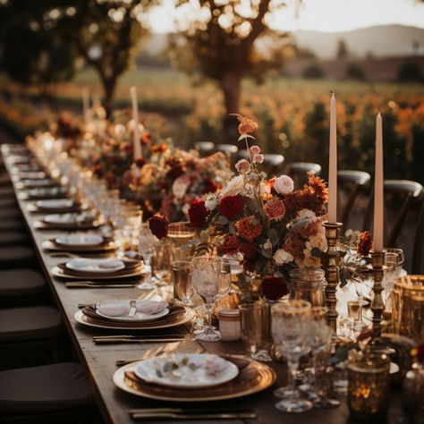 Harvest Table Centerpieces Wedding, Romantic Fall Wedding Table Decor, Harvest Themed Wedding, Vineyard Table Decor, Fall Estate Wedding, Vineyard Fall Wedding, Fall Italian Wedding Colors, Moody Italian Wedding, Fall Wedding Tablescapes Long