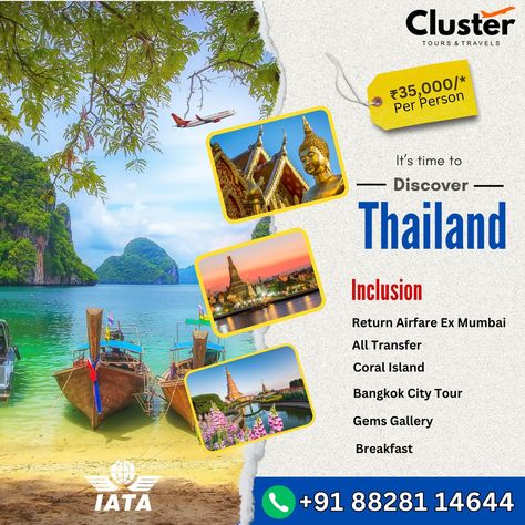 ✅Discover the magic of Thailand with our exclusive tour package! From the bustling streets of Bangkok to the serene beaches of Phuket, immerse yourself in the rich culture, vibrant nightlife, and breathtaking landscapes. Book now and create unforgettable memories! 🌴✈️🏖️ #clustertoursandtravels #ThailandTour #ExploreThailand #TravelThailand #BangkokAdventures #PhuketParadise #TravelGoals #Wanderlust #AdventureAwaits #TravelAddict #VacationMode Bangkok City, Vacation Mode, Tour Packages, Adventure Awaits, Travel Goals, Thailand Travel, Phuket, Bangkok, Night Life