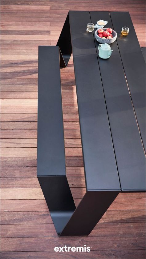 Table Outdoor Design, Outdoor Furniture Steel, Picnic Tables Ideas, Modern Picnic Table, Outdoor Furniture Metal, Outdoor Metal Furniture, Picnic Design, Street Bench, Metal Picnic Tables