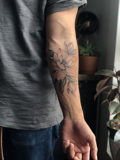 Manly Floral Tattoo, Back Of Forearm Flower Tattoo, Flowers Tattoos Men, Flower Tattoo Ideas Men, Men’s Floral Tattoos, Floral Men’s Sleeve Tattoo, Flower Forearm Tattoo Men, Mens Flower Tattoo Forearm, Floral Tattoos Men