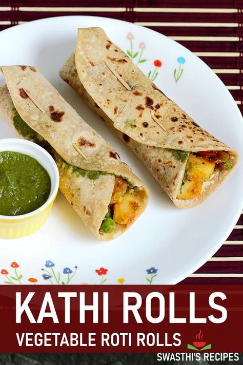 These Kathi rolls are nutritious, packed with flavors and makes for a great breakfast/meal. It's vegan, loaded with veggies & can also be made with frozen parathas or tortillas. Kathi Roll Recipe, Best Indian Food Recipes, Kati Roll, Indian Snacks Recipes, Kathi Roll, Vegetable Korma, Indian Vegan Recipes, Bhindi Masala, Fried Veggies