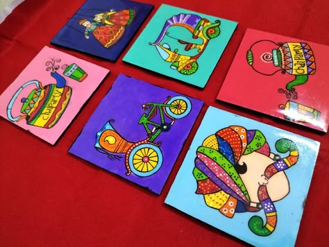 Tea coaster,mini  painting Tea Costers Design Diy, Tea Costers Painting, Rajasthani Art Paintings Canvases, Tea Coasters Painting, Rajasthani Art Design, Rajasthani Wall Art, Painting Rajasthani, Diy Plates, Diy Coaster