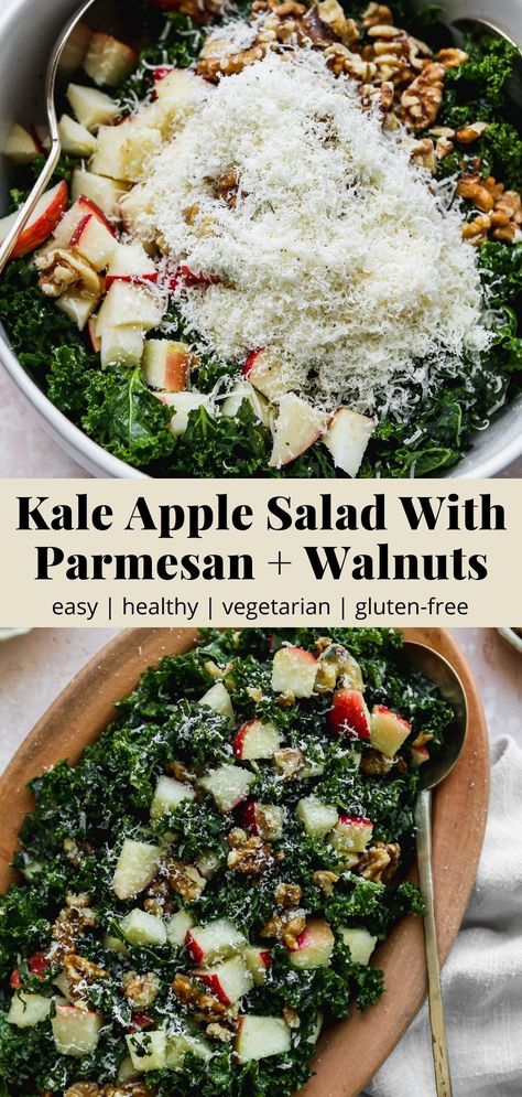 Kale Apple Salad, Massaged Kale Salad, Apple Walnut Salad, Parmesan Salad, Apple Salad Recipes, Massaged Kale, Apple Walnut, Kale Salad Recipes, Kale Recipes