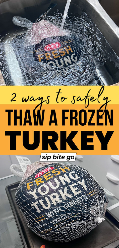 Tips For Thawing A Turkey with text overlay and two examples Precooking Thanksgiving Turkey, When To Unthaw Turkey, How To Cook Frozen Turkey, Frozen Turkey Thaw Time, How To Defrost A Turkey Frozen, Defrost Turkey Frozen Quickly, How To Cook A Frozen Turkey, How Long Does It Take To Thaw A Turkey, Prepping A Turkey For Thanksgiving