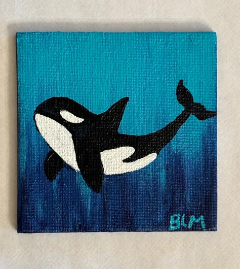 Adorable Killer Whale Mini Refrigerator Magnet.  Water soluble oil paint on canvas board magnet just right for your refrigerator or file cabinet or can be displayed on a mini easel as well. Marine Life Painting Acrylic Easy, Simple Ocean Paintings For Beginners, Small Canvas Simple Paintings, Easy Painting Ideas Animals, How To Paint A Whale, Easy Painting Ideas On Square Canvas, Sea Creatures Painting Easy, Orca Painting Easy, Ocean Canvas Painting Easy