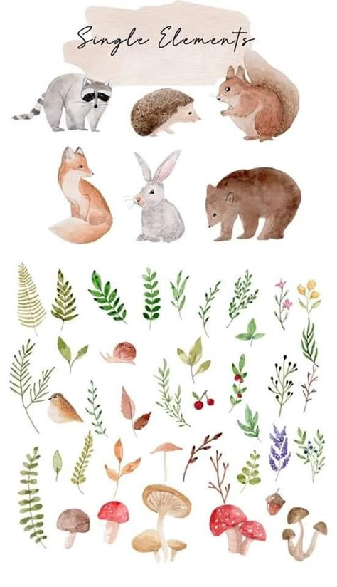 Woodland Creatures Painting, Woodland Watercolor Nursery Art, Watercolor Art For Nursery, Watercolour Woodland Animals, Woodland Creature Illustration, Whimsical Woodland Art, Woodland Watercolor Painting, Watercolor Set Up, Cute Watercolor Illustration