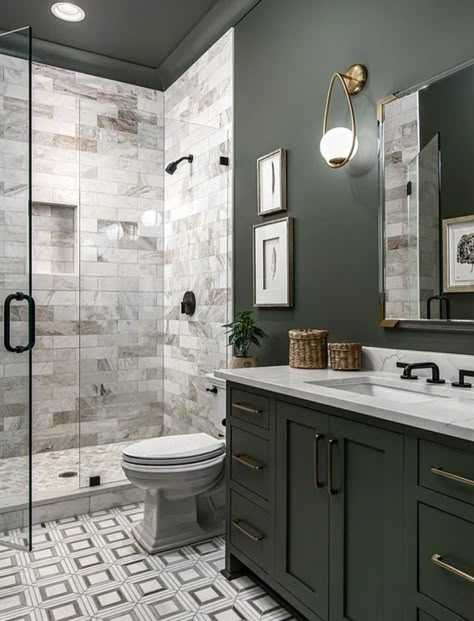 Bathroom Remodel Dark Walls, Moody Bathroom Double Vanity, Black And Green Powder Room, Color Drenched Bathroom Green, Essex Green Bathroom, Green Moody Bathroom Ideas, Dark Green Master Bath, Green Color Drenched Bathroom, Dark Green Small Bathroom