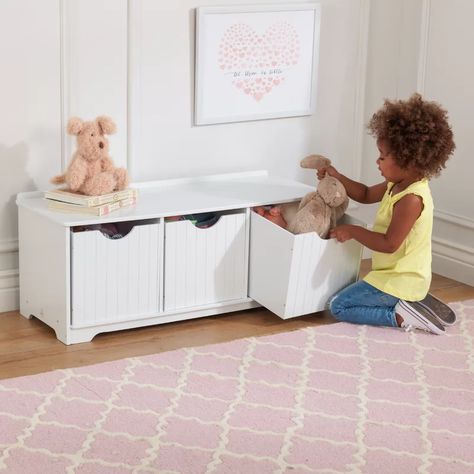 KidKraft Nantucket Toy Storage Bench & Reviews | Wayfair Toy Storage Bench, Wooden Storage Bench, Wainscoting Styles, Wood Storage Bench, Deep Shelves, Storing Books, Bench Designs, Kids Seating, Playroom Decor