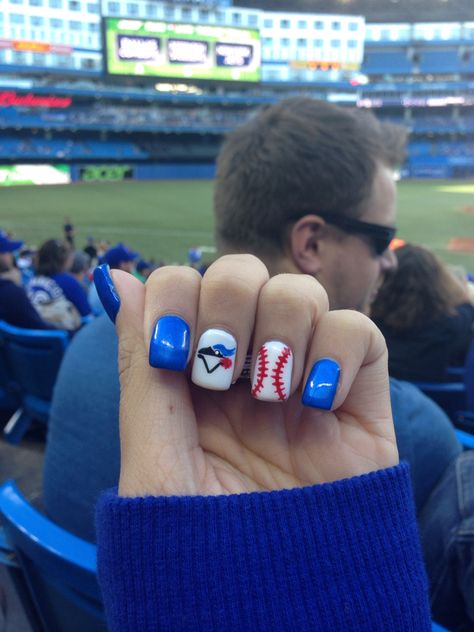 Blue jay nails! Blue Jays Baseball Nails, Toronto Blue Jay Nails, Toronto Blue Jays Nail Art, Toronto Blue Jays Nails Design, Blue Jays Nail Art, Blue Jay Nails, Blue Baseball Nails, Blue Jays Nails, Baseball Nail Designs