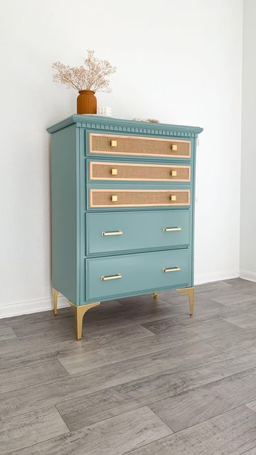 Furniture Flip Colors, Basic Dresser Flip, Boho Dresser Flip, Coastal Dresser Makeover, Colorful Dresser Diy, Furniture Flip Ideas, Flipped Dresser, Coastal Furniture Makeover, Dresser Makeover Boho