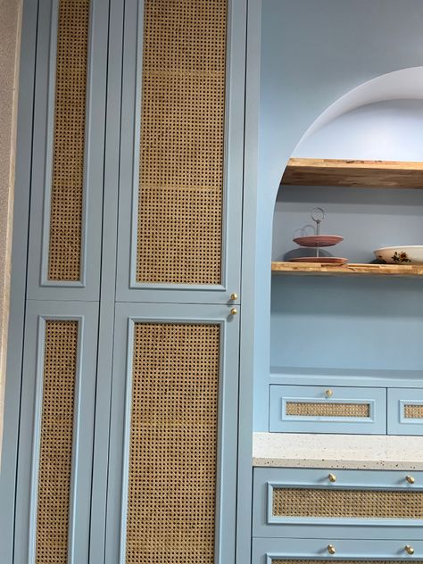 Rattan Cabinet Kitchen, Rattan Cabinet Door, Rattan Kitchen Cabinets, Kitchen Rattan, Rattan Kitchen, Cape Dutch, Wood Facade, Concrete Kitchen, Kitchen Cabinet Door