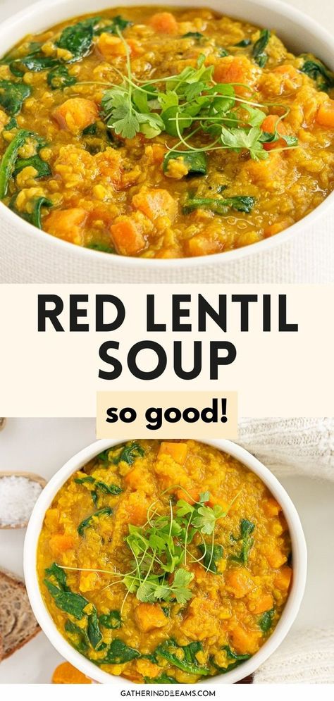 red lentil soup Lentil Soup Recipe Healthy, Lentil Soup With Spinach, Carrot Lentil Soup, Best Lentil Soup, Red Lentil Recipes, Soup With Spinach, Red Lentil Soup Recipe, Broccoli Carrot, Carrot And Lentil Soup