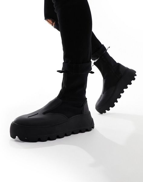 Shoes, Boots & Trainers by ASOS DESIGN Reboot in progress Pull tabs for easy entry Zip-side fastening Sock-like cuff Round toe Chunky sole Lugged tread Leather Techwear Waterproof Boots, Techwear Shock-resistant Waterproof Boots With Round Toe, Slip-resistant Waterproof Techwear Boots, Techwear Slip-resistant Hiking Boots, Cyberpunk Boots, Techwear High-top Boots With Vibram Sole, Trainer Boots, Sunglasses Shop, Boots And Sneakers