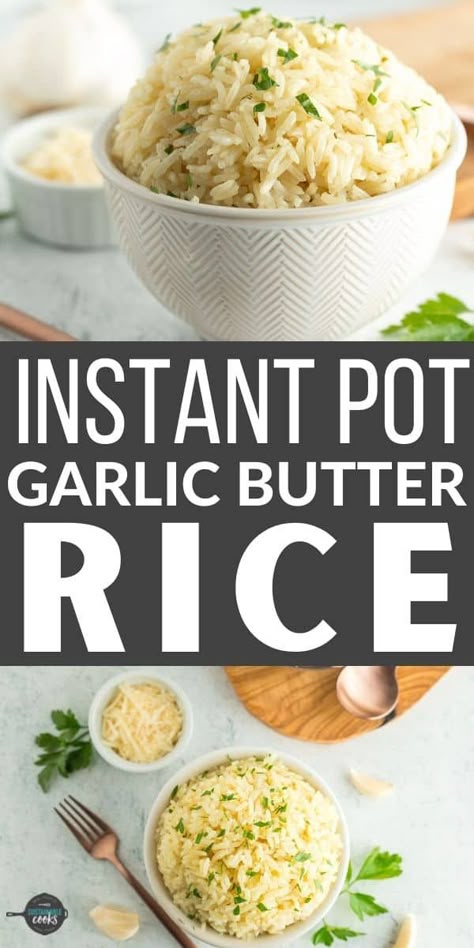 Garlic Butter Rice is a fast weeknight side dish that the whole family will love! Made in the Instant Pot or on the stovetop, this garlic rice is great for meal prep. Paleo Roasted Chicken, Buttered Rice Recipe, Rice Recipes Side, Garlic Butter Rice, Jasmine Rice Recipes, Rice Side Dish Recipes, Garlic Rice, Rice Side Dishes, Butter Rice