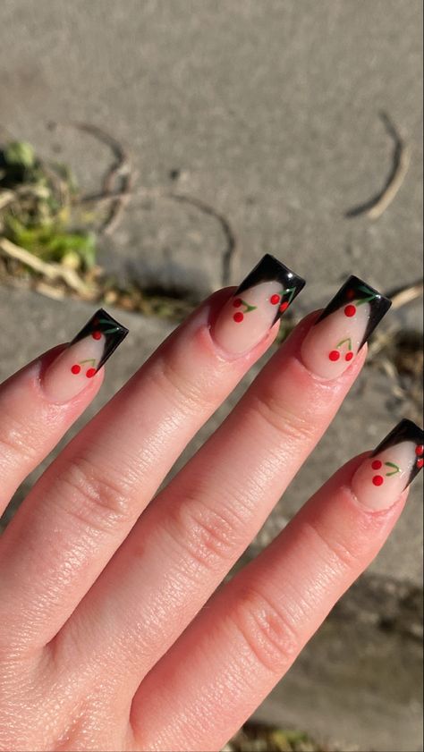 Black French Tip Cherry Nails, Black French Tips With Cherries, Black And Cherry Nails, Black Nails With Cherries, Cherry Black Nails, Cherry Nails Black, Black Cherry Nails Design, Cherry French Tip Nails, Black And Red Nail Designs