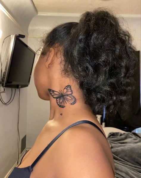 Neck Tattoos Women Throat Butterfly, Simple Neck Tattoos, Black People Tattoos, Weave Bob, Butterfly Neck Tattoo, Cute Thigh Tattoos, Girl Neck Tattoos, Side Neck Tattoo, Hand Tattoos For Girls