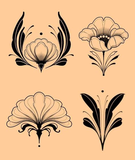 Art Nouveau Tattoo Flower, Lower Hip Tattoos, Art Nouveau Tattoo Design, Tatuaje Cover Up, Fleurs Art Nouveau, Art Deco Tattoo, Art Nouveau Tattoo, Motifs Art Nouveau, Nouveau Tattoo