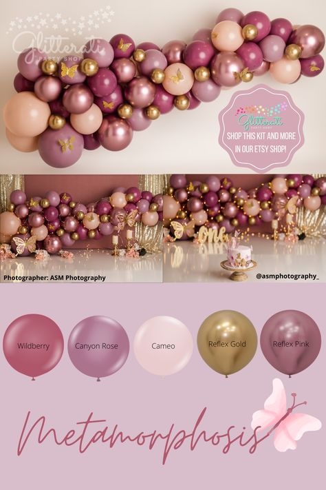 Experience the captivating transformation of your event with our stunning "Metamorphosis" balloon garland kit. Featuring moody shades of purple in wild berry and canyon rose, along with cameo, and shimmering reflex gold and reflex pink balloons, this butterfly-themed kit will transport you to a realm of enchantment. #ButterflyShower #ButterflyBalloon #OurLittleButterfly #PurpleBabyShower #ButterflyBirthday #ButterflyKisses #FlutterOnOver #ButterflyParty #Butterfly1stBday #ButterflyQuince Butterfly Quince, Butterfly 1st Birthday, Canyon Rose, Butterfly Balloons, Baby Shower Purple, Little Butterfly, Butterfly Baby Shower, Diy Balloon, Butterfly Party