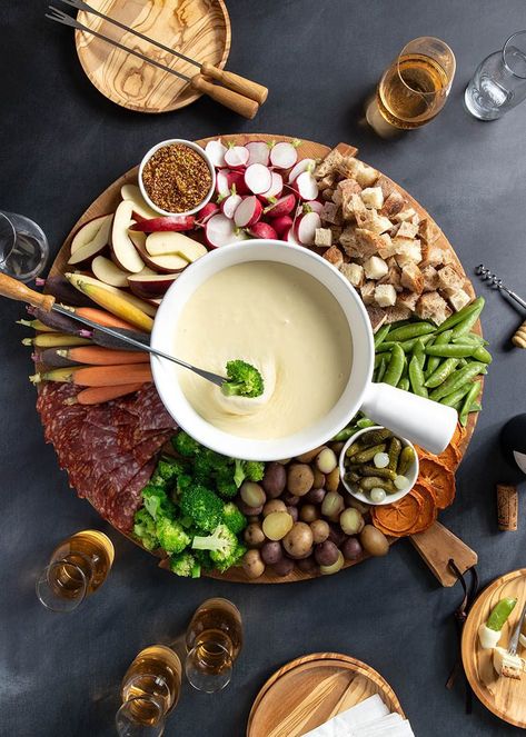 Cheese Fondue Recipe | What To Dip In It | Ain't Too Proud To Meg Gruyere Fondue, Food Platter Ideas, Fondue Board, Platter Ideas Party, How To Make Fondue, Cheese Fondue Party, Food Lifestyle Photography, Cheese Fondue Recipe, Beer Cheese Fondue