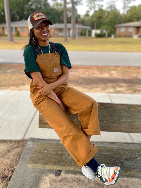 Carhartt Dungarees Women, Overalls And Jordans Outfit, Mustard Overalls Outfit, Carhartt Coveralls Women, Lesbian Overall Outfits, Carhartt Bibs Outfit Women, Carhartt Overalls Outfit Winter, Tan Carhartt Overalls Outfit, Carhartt Overall Outfit