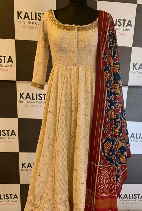 Beige Lucknowi Anarkali teamed with a patola silk dupatta Chicken Outfits, Lucknowi Anarkali, Desinger Dresses, Frock Models, Indian Closet, Long Gown Design, Heavy Dresses, Anarkali Dress Pattern, Simple Kurti Designs