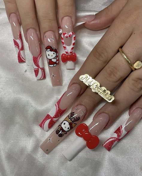 Christmas Nails Xl, Baddie Christmas Nails, Baddie Christmas, Nail Designs Coffin, Slay Nails, Paznokcie Hello Kitty, Uñas Aesthetic, Hello Kitty Nails Art, Acrylic Nail Designs Coffin