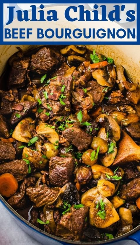 Beef Burgonione, French Beef Bourguignon, Julia Childs, Julia Child Recipes, Le Creuset Dutch Oven, Pearl Onions, Dutch Oven Recipes, Slow Cooked Beef, White Mushrooms