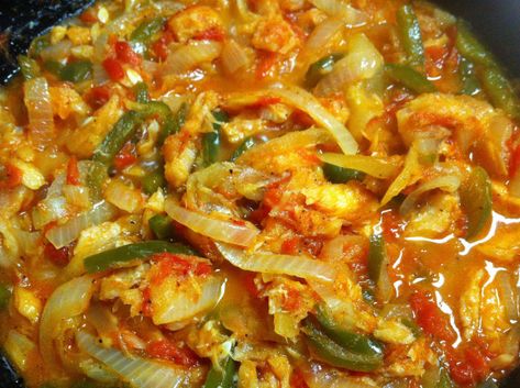 Here’s my saltfish just before I was ready to serve Salt Fish Recipe Trinidad, Saltfish Recipes Caribbean, Salt Fish Recipe Jamaican, Jamaican Meals, Jamaican Steamed Cabbage Recipe, Salt Fish Recipe, Trini Recipes, Jamaican Breakfast, Sweet Marjoram