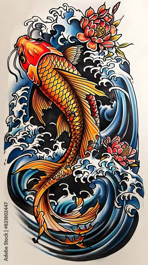 Koi Fish With Waves Tattoo, Japanese Koi Fish Tattoo Color, Koi Fish Tattoo Design Colored, Japan Fish Tattoo, Koi Fish Dragon Tattoo, Japanese Tattoo Fish, Blue Koi Fish Tattoo, Traditional Koi Fish Tattoo, Compass Tattoos Arm