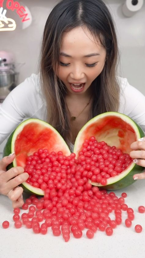 Catherine Zhang | Watermelon popping boba 🍉 Why buy boba when you can make a whole watermelon full of it yourself? 🥰 Link to the recipe in my bio or here:... | Instagram Whole Watermelon, Popping Boba, Watermelon Pops, Fruit Garden, Dessert Recipe, Bubble Tea, The Recipe, Watermelon, Dessert Recipes