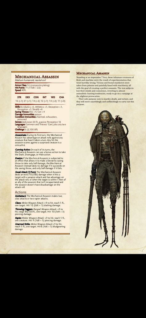 Assassin Dnd 5e, Dnd Boss Stat Block, Dnd Machine Monster, D&d 5e Monsters, D&d Monster Stats, Dnd Assassin Stats, Dnd Clockwork Monsters, Dnd Enemy Sheet, Scary Dnd Monsters