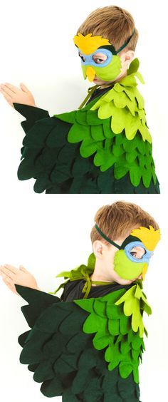 A fun bird costume in beautiful shades of green for boys and girls. Great for school plays Halloween or just to have fun at home.  #kids #children #bird #costume #parrot #halloween #play #toy #indoor #outdoor #soft #creative #modern Falcon Costume, Bird Costume Kids, Best Toddler Halloween Costumes, Wing Cape, Unique Toddler Halloween Costumes, Bird Wings Costume, Wing Costume, Animal Costumes For Kids, Pirate Costume Diy