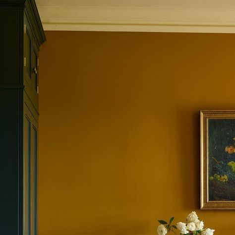 Ocre Wall Paint, Mustard Brown Paint Color Walls, Deep Mustard Paint Color, Mustard Green Living Room, Indian Yellow Farrow And Ball, Dark Yellow Walls, Rust Colored Walls, Ochre Paint Color, Blue And Yellow Room