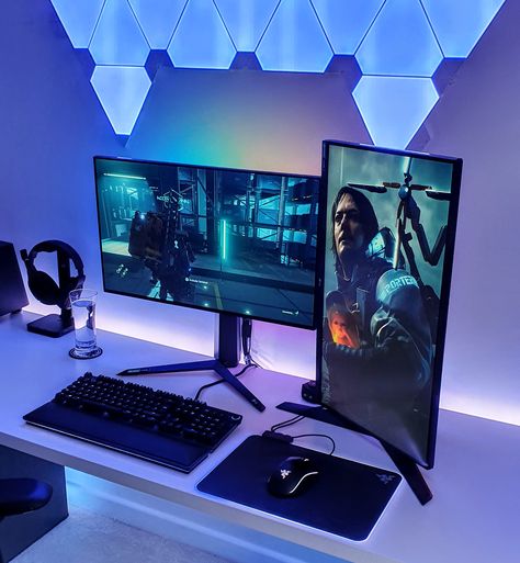 Dual Screen Setup, 2 Screen Desk Setup, Dual Screen Desk Setup, Monitor Layout, Developer Workspace, Kawaii Cyberpunk, Pc Gaming Room, Gaming Cpu, Gaming Desk Setup