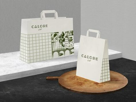 Calore Cafe — Asthetíque Cafe Paper Bag Design, Paper Bag Design Packaging, Creative Shopping Bag Design, Paper Bag Design Branding, Creative Paper Bag Design, Paper Bag Branding, Brand Paper Bag, Logo Business Cards, Biscuits Packaging