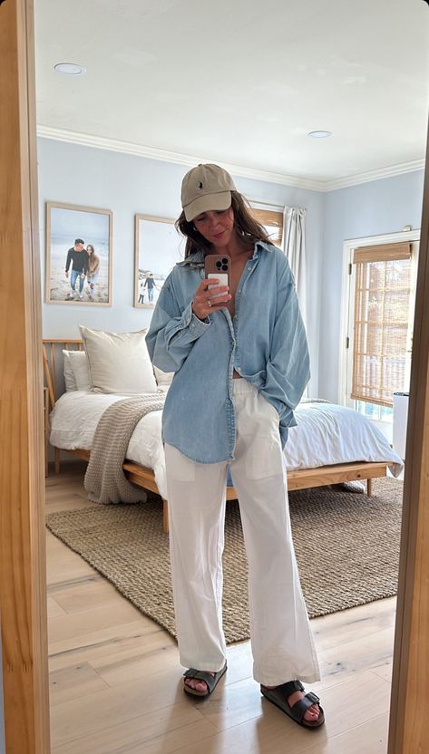 Casual Cozy Outfits Summer, Chilly Summer Outfit Casual, Cute Breakfast Outfits Summer, Effortless Comfy Outfits, Linen Pants Oversized Shirt, Sunrise Beach Outfit, Colder Beach Outfits, East Hampton Outfits, Hot Summer Outfits Midsize