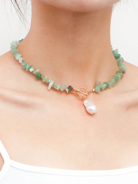 1pc Irregular Shaped Pearl & Chip Beaded Necklace With OT Clasp, Suitable For Women's Daily Wear Green    Stone     Women Fashion Jewelry, size features are:Bust: ,Length: ,Sleeve Length: Chip Bead Necklace, Green Stone Necklace, Wear Green, Chip Beads, Green Stone, Stone Necklace, All Fashion, Women Fashion, Daily Wear