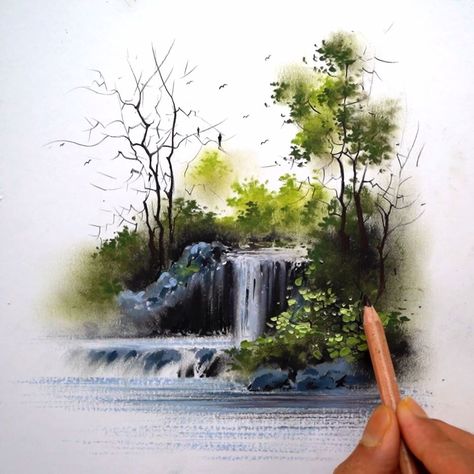 Oil Pastel Waterfall, Morning Drizzle Oil Pastel, Oil Pastel Drawings Landscapes, Waterfall Painting Easy, Pastel Colour Drawing, Waterfall Drawing, Water Foundation, Waterfall Artwork, Waterfall Forest