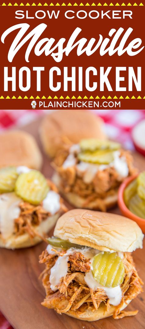 Slow Cooker Nashville Hot Chicken - adapted from the original Hattie B's Hot Chicken recipe in Nashville, TN. SO good!! Chicken, cayenne, brown sugar, garlic powder, paprika, chili powder, butter and chicken broth. Serve the chicken on slider buns with ranch and pickles. SO good! Sweet and spicy in every bite - YUM! #slowcooker #nashvillehotchicken #chickenrecipe #hotchicken Chicken And Pickles Recipes, Hattie B's Hot Chicken Recipe, Nashville Hot Chicken Recipe, Hot Chicken Recipe, Hot Chicken Sandwiches, Nashville Hot Chicken, Hot Chicken, Easy Slow Cooker, Buffalo Chicken