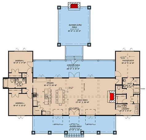 This one-level, mountain house plan presents a symmetrical front elevation with three dormers above a charming front porch. The open-concept living space brings the family together by combining the great room with the eat-in kitchen, while a vaulted ceiling adds a cohesive element and guides your eyes to the fireplace that anchors the right wall. A sizable screened porch extends onto a covered porch for maximum outdoor enjoyment. The master suite is set apart from the secondary bedrooms and incl Single Level House, Open Concept House, Single Level House Plans, Open Concept House Plans, One Level House Plans, One Level Homes, Barn Style House Plans, Mountain House Plans, Farmhouse Style House Plans