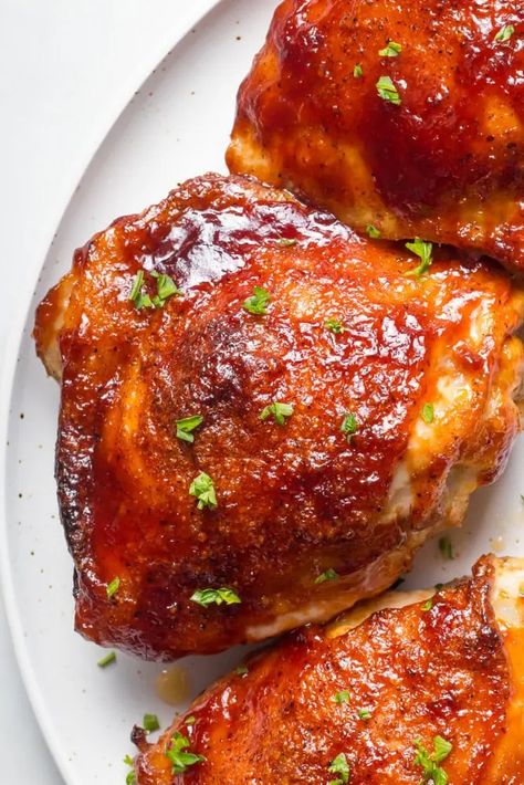 Easy Oven Baked Barbecue Chicken Thighs 2 Baked Barbecue Chicken Thighs, Barbeque Chicken Thighs, Oven Baked Barbecue Chicken, Baked Barbecue Chicken, Barbecue Chicken Thighs, Chicken Thighs In Oven, Sour Cream Mashed Potatoes, Spicy Baked Chicken, Bbq Chicken Thighs