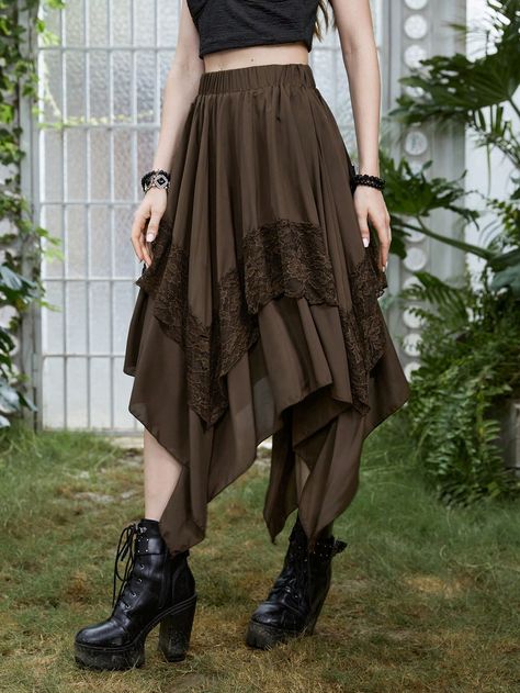 Coffee Brown Casual Collar  Fabric Plain Asymmetrical Embellished Non-Stretch  Women Clothing Long Hippy Skirt, Viking Clothes Aesthetic, Cute Clothes Vintage, Long Cottagecore Skirt, Alternative Boho Outfits, Grunge Outfits On Amazon, D&d Clothes, Grunge Upcycle Clothes, Skatercore Outfits